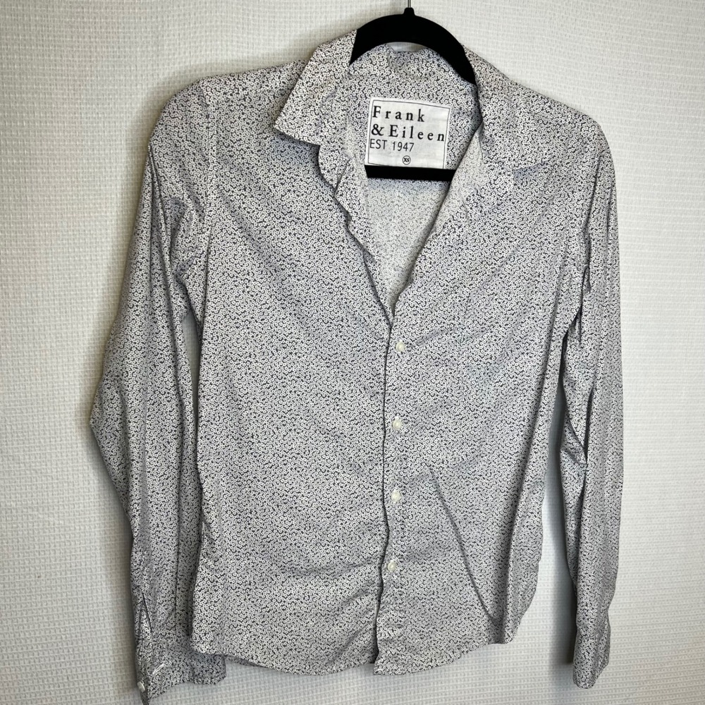 Frank & Eileen Barry White Navy Micro Floral Cotton Button Down Shirt XS USA